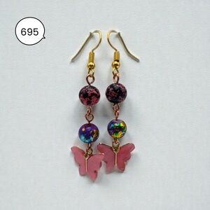 Pink Butterfly Dangle Earrings | Colorful Bead Drop Earrings Handmade
